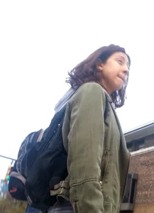 College girl in striped leggings walking with nice ass