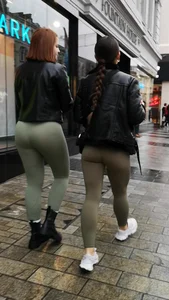 Candid sexy redhead with a great ass in tight green leggings and her bonus friend (part 2)