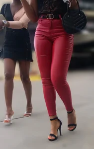 Perfect Ass in tight RED🍎 leather pants plus nice cleavage