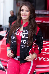 Beautiful and sexy Toyota car girl in red leggings