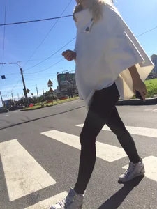 Blonde Girl With Fit Muscular Legs in Tight Black Jeans and Sneakers on a Crosswalk  - Street Creepshots Collection