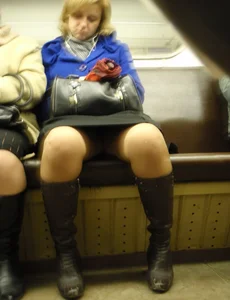 Sexy girls in skirts, stockings and upskirts on the train