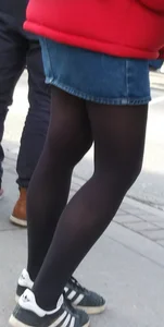 Girl out in denim skirt and tight stockings with nice legs