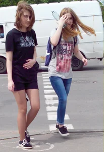 Cute Girls on the Crosswalk Candid Photo