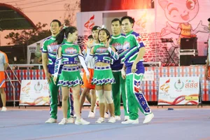 Bunch of athletic Thai cheerleaders at a competition