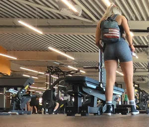 Cute gym blonde with orange hair ribbon