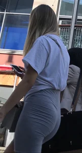 Hot blonde with VTL in grey shorts