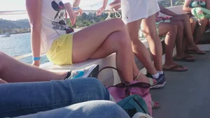 Milf in yellow shorts with vpl and a wedgie