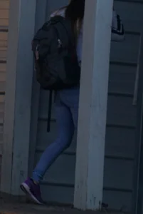Girl next door teen walking to car in various tight jeans