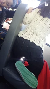 Candid Teen Girl in a Lacey Sweater And Black Jeans in a Bus Creepshot