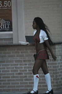 Sexy ebony Tilted Kilt employee in her uniform
