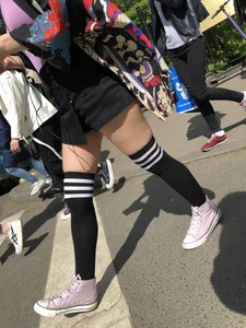 An Anime Fan Teen in a Short Skirt And Stockings Bending Over on the Crosswalk Street Creepshots