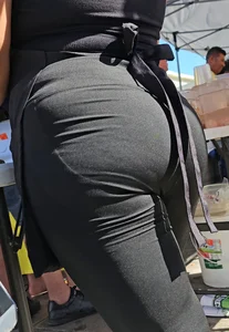 Shorty with bubble waitress in leggings outdoor. (Vpl)