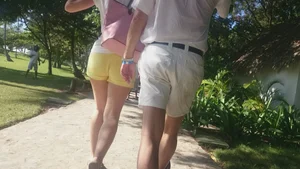 Milf in yellow shorts with vpl and a wedgie