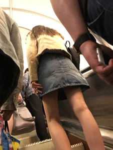 Girl in Denim Skirt with Thin Hot Legs in White Socks Subway Train and Escalator Creepshot