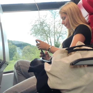 Hot busty blonde on train