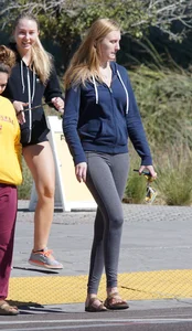 Skinny Arizona State University blonde college girl in grey leggings