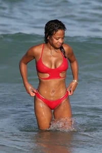 Christina Milian in red bikini in Miami with hard nipples