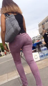 Black babe with a nice ass in tight jeans and vpl