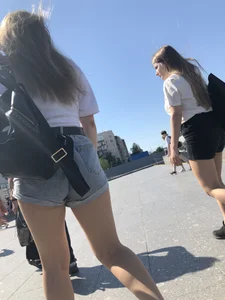 Stocky Girls in Denim Shorts on the Street Stairs Nice Legs Candid Photos