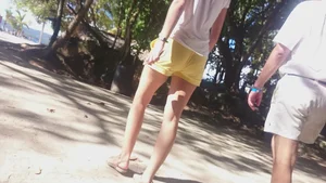 Milf in yellow shorts with vpl and a wedgie