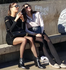 Hot Girls in Skirts, Pantyhose and Sunglasses City Park Candid Photos