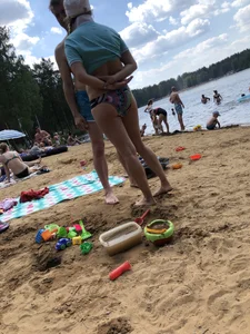 Girl in a Pulled Up T-Shirt and Swimsuit Lake Beach Creepshot
