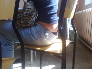 Candid Teen In Blue Jeans Sitting at the Desk - Her Panties Visible From Under Jeans - Classroom Whale Tail Creepshot