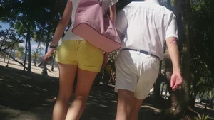Milf in yellow shorts with vpl and a wedgie