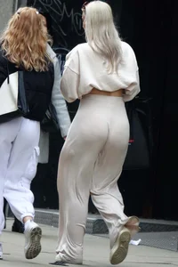 Blonde with large ass in loose lycra pants & hot blonde girl in short denim skirt