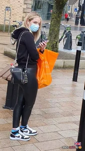 Blonde teen’s juicy booty in wet look leggings!