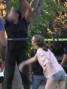 Nerdy blonde teen plays in tight short shorts