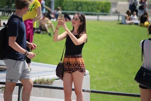 Beautiful brunette in loose patterned shorts