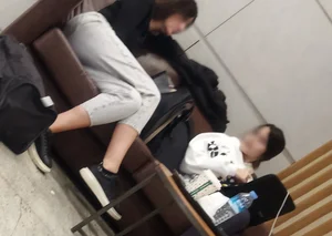 Hot Candid Girl in Pants Sitting on a Couch With Crossed Legs, Nice Booty Creepshot