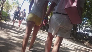 Milf in yellow shorts with vpl and a wedgie