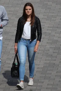 Pretty redhead in tight jeans with a nice booty