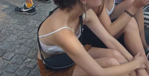 Pretty girl downbloused showing her puffy nipples and bonus friend with nice cleavage