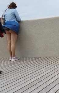 Chubby Milf in a Skirt Standing on the Embankment Wind Upskirt Candid Photo