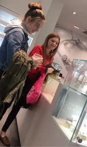 Skinny Girls in Tights at the Cash Register Store Candid Photos