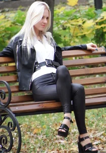 Park Candid Blonde Skinny Girl in Leather, Sexy Legs