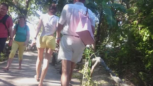 Milf in yellow shorts with vpl and a wedgie