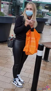Blonde teen’s juicy booty in wet look leggings!