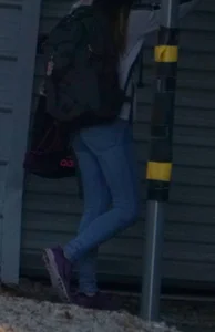 Girl next door teen walking to car in various tight jeans