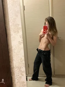 Skinny Girl in Jeans Hot Topless Selfie in the Mirror