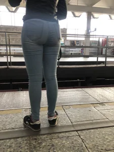 Cute Young Girl in Tight Blue Jeans And Leather Jacket Subway Creepshots