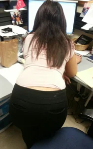 Office Candid Girl in Tight Pants Bending Over Her Desk Creepshot