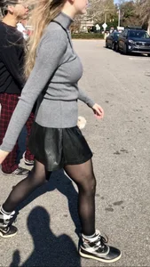 Street Candid Teen in a Leather Skirt And Black Pantyhose