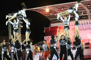 Bunch of athletic Thai cheerleaders at a competition