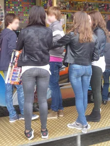 Two teens in tight jeans, tight booties and hot slim legs street creepshot