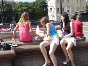 Pink skirt girl upskirted at fountain
